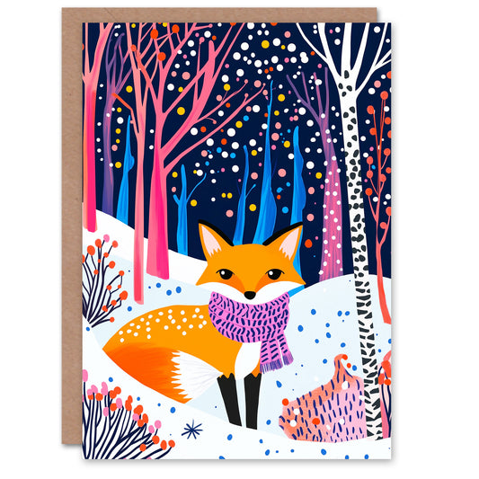 Cute Red Fox Vibrant Colourful Winter Forest Christmas Card