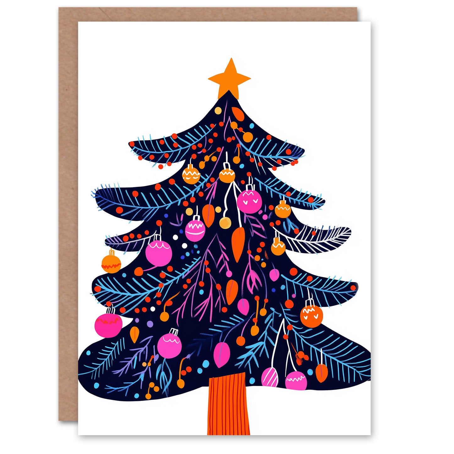 Vibrant Folk Art Orange Pink Blue Decorated Tree Christmas Card