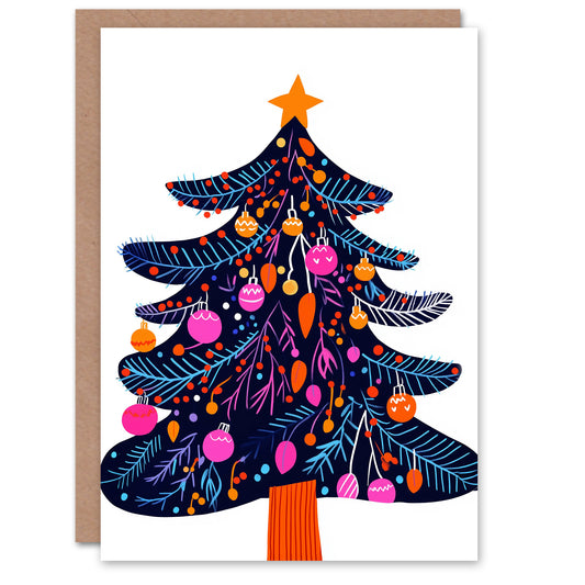 Vibrant Folk Art Orange Pink Blue Decorated Tree Christmas Card