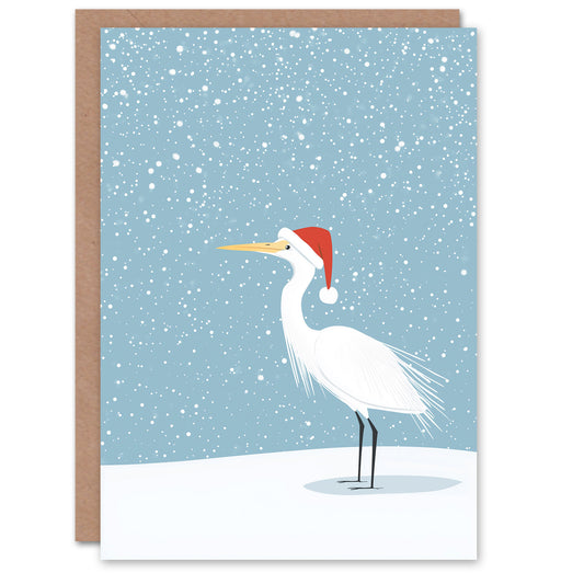White Heron in Winter Snow Wearing Santa Hat Christmas Card