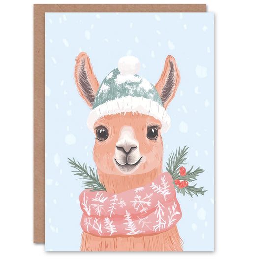 Cute Llama Snow Ball Hat Winter Scarf Fun Modern Christmas Card