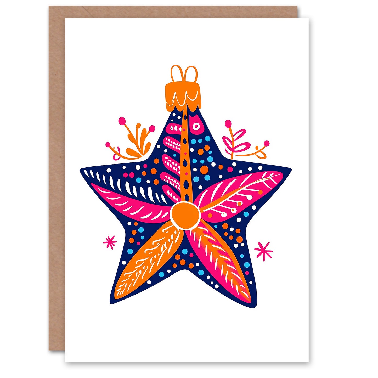Star Bauble Ornament Vibrant Orange Blue Pink Christmas Card