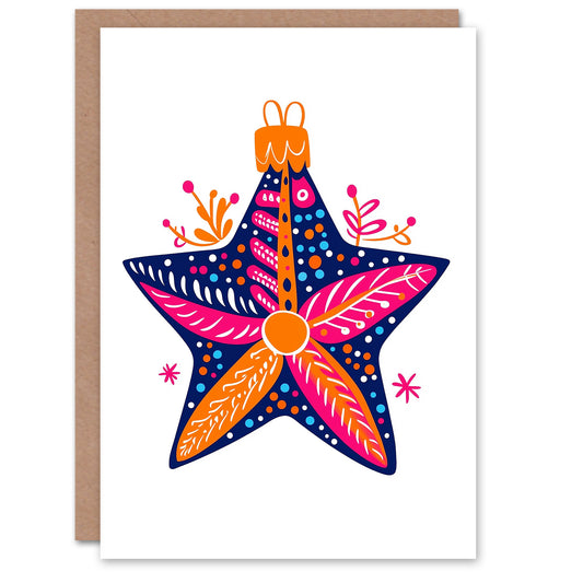 Star Bauble Ornament Vibrant Orange Blue Pink Christmas Card