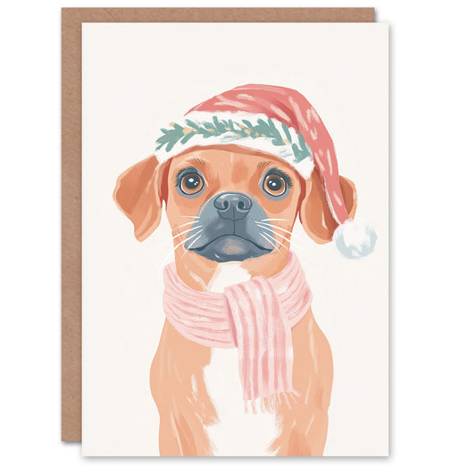 Cute Puppy Santa Hat Winter Scarf Boxer Dog Lover Christmas Card