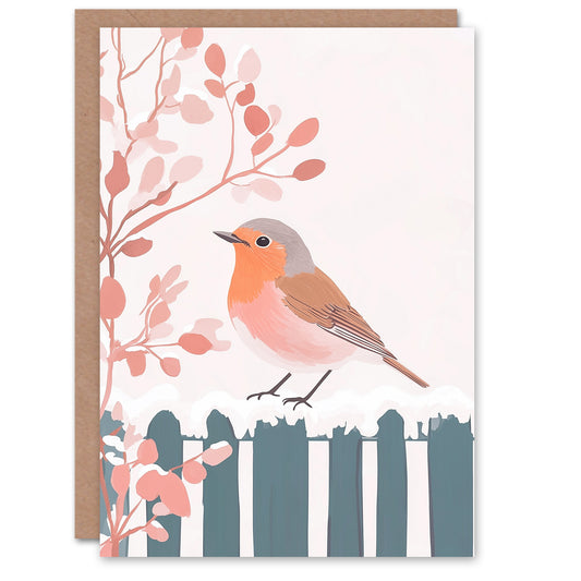 Winter Robin Bird On Garden Fence Watercolour Christmas Card