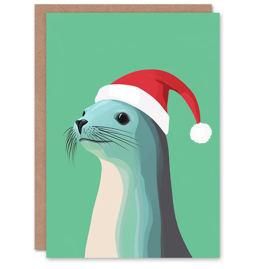 Cute Seal In Santa Hat Red Green Festive Animal Christmas Card