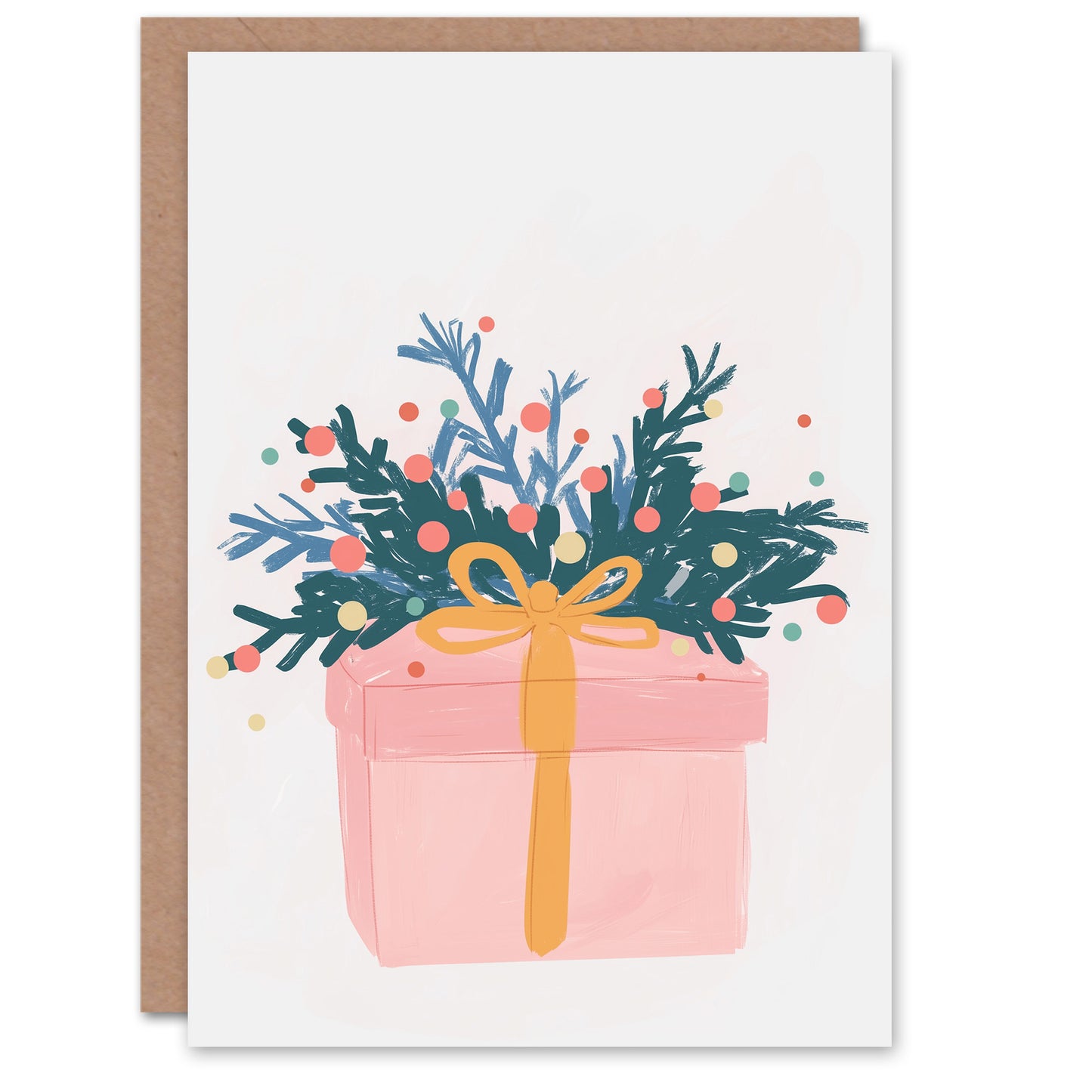Wrapped Present Pine Berry Sprig Pastel Colour Christmas Card