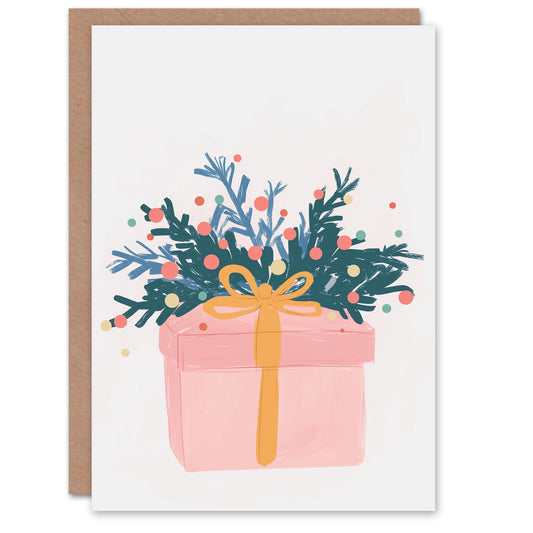 Wrapped Present Pine Berry Sprig Pastel Colour Christmas Card