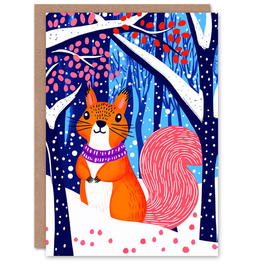 Cute Red Squirrel in Winter Forest Landscape Snow Christmas Card