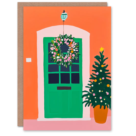 Front Door Wreath Decorated Potted Tree Christmas Card