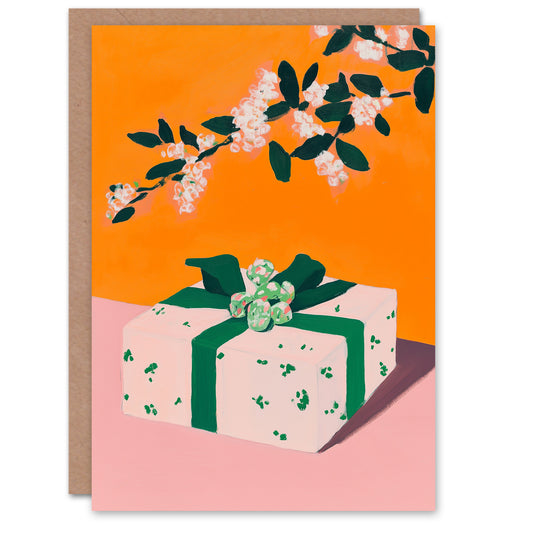 Wrapped Present Blooming Tree Flowers Painting Christmas Card