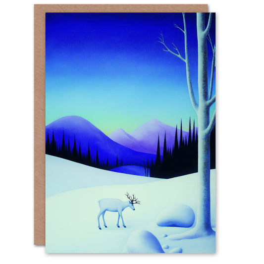 White Reindeer in Snow Winter Mountain Landscape Christmas Card