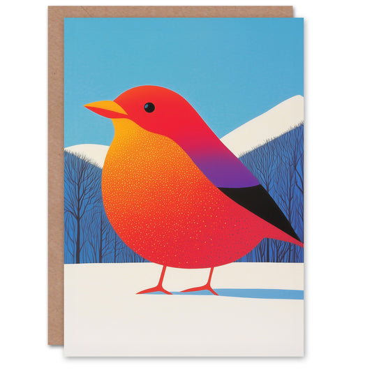 Funky Robin Bird In Snow Winter Landscape Modern Christmas Card