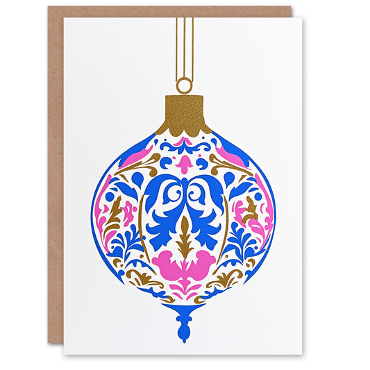 Art Nouveau Bauble Pink Blue Gold Modern Christmas Card