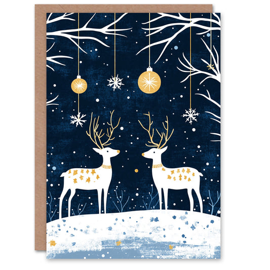Winter Forest Baubles Reindeer Gold Blue Nordic Christmas Card