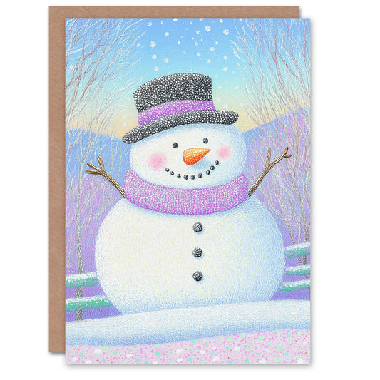 Cute Snowman Pastel Purple Winter Countryside Christmas Card