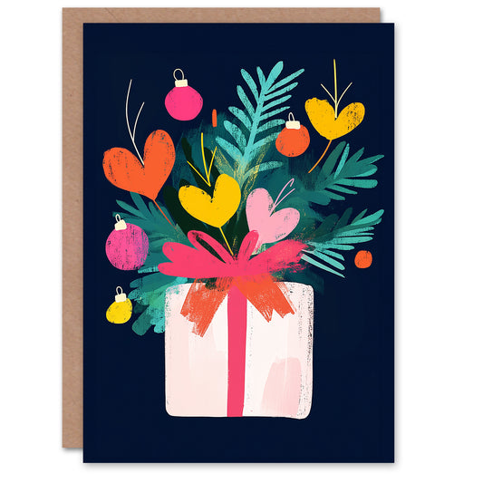 Wrapped Present Heart Bauble Sprig Fun Modern Christmas Card