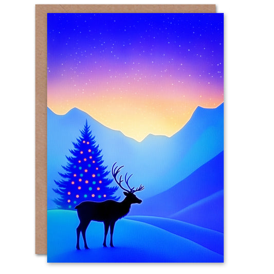 Winter Wonderland Sunrise Reindeer Decorated Tree Christmas Card