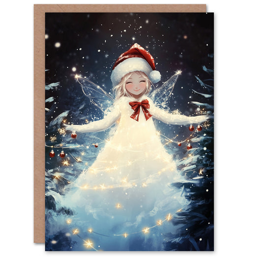 Winter Pixie Fairy Santa Hat String Lights Anime Christmas Card