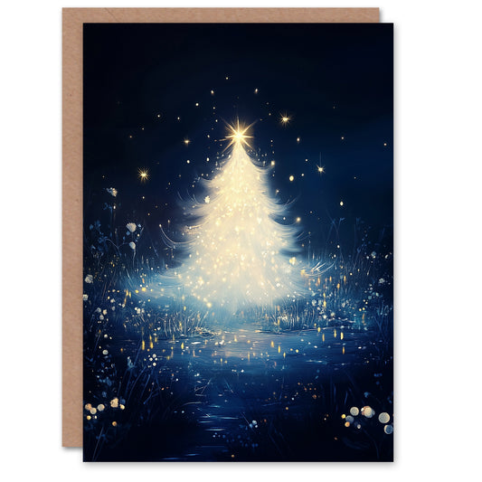 Bright White Tree Magical Forest Lake Night Christmas Card