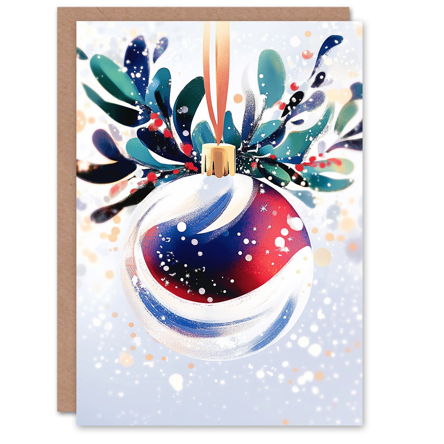 Shiny Bauble Ornament Red Mistletoe Modern Festive Christmas Card