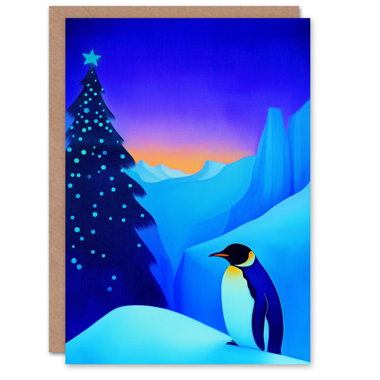 Emperor Penguin Decorated Tree Winter Landscape Christmas Card
