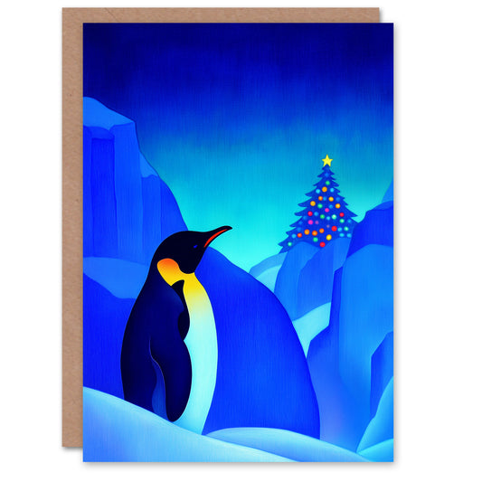 Antarctica Winter Decorated Tree Emperor Penguin Christmas Card