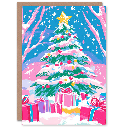 Decorated Tree Presents Pastel Pink Winter Forest Christmas Card