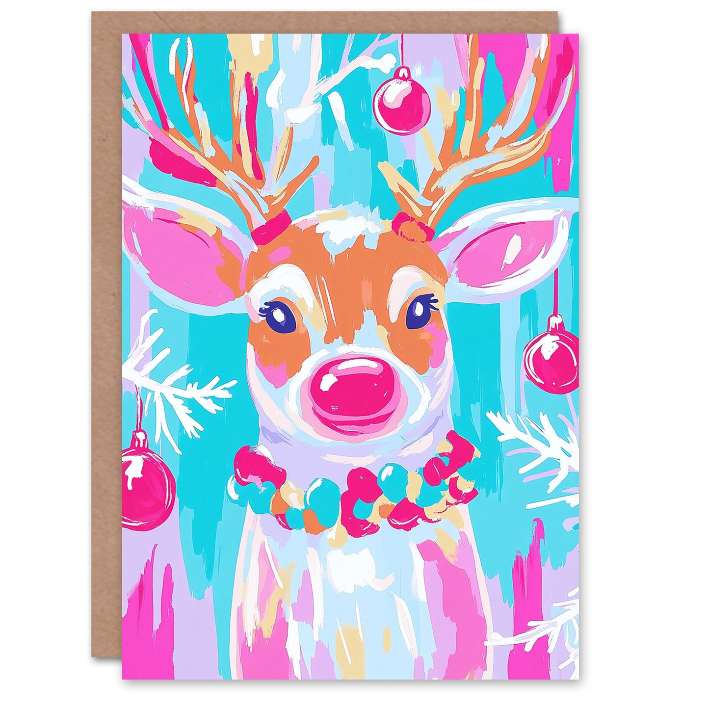 Festive Reindeer Vibrant Pink Blue Modern Festive Christmas Card