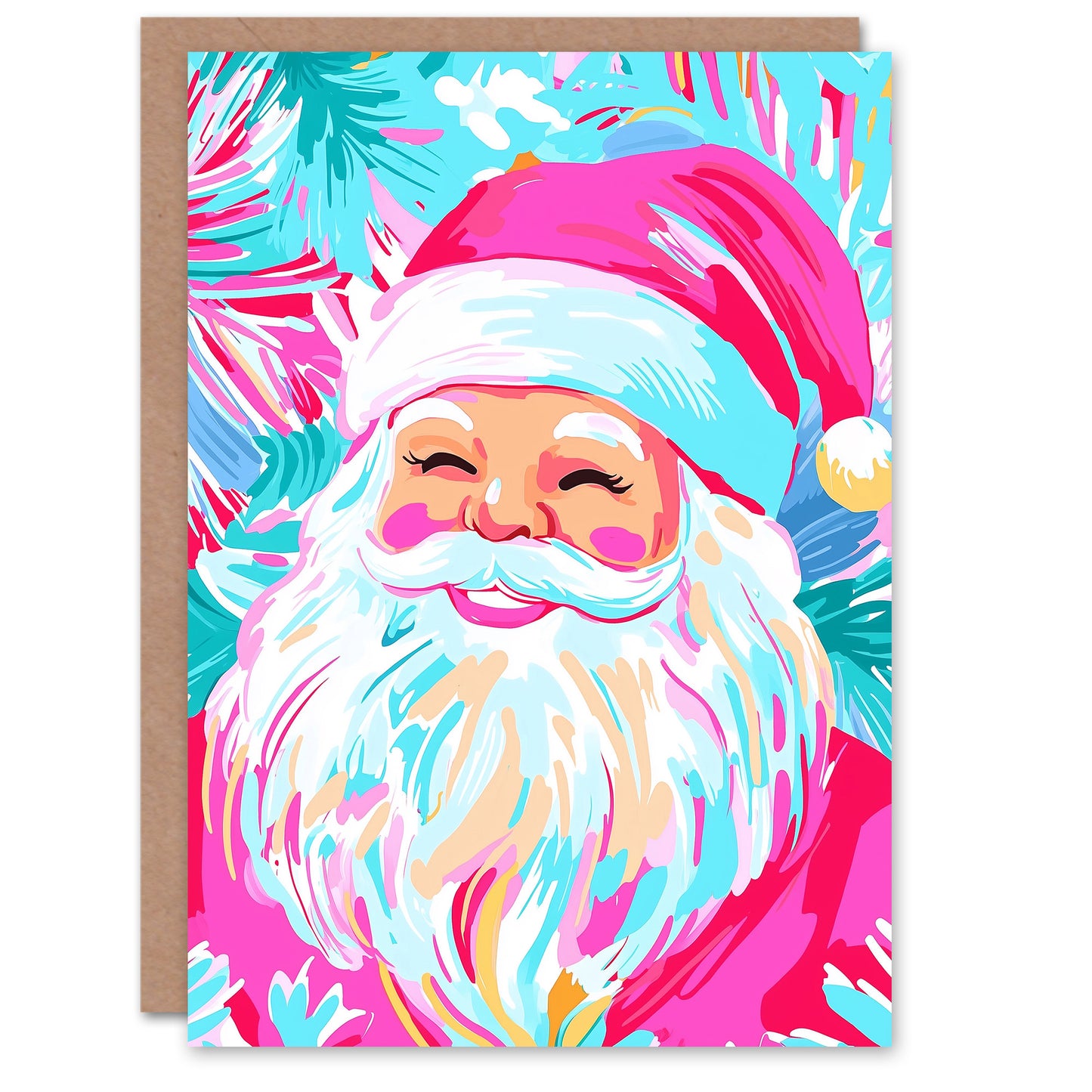 Smiling Santa Claus Vibrant Fuchsia Pink Blue Christmas Card