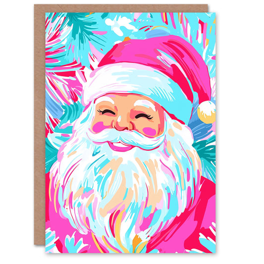 Smiling Santa Claus Vibrant Fuchsia Pink Blue Christmas Card