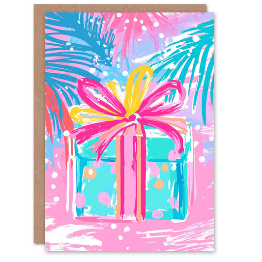 Wrapped Present Under Tree Bright Colourful Christmas Card
