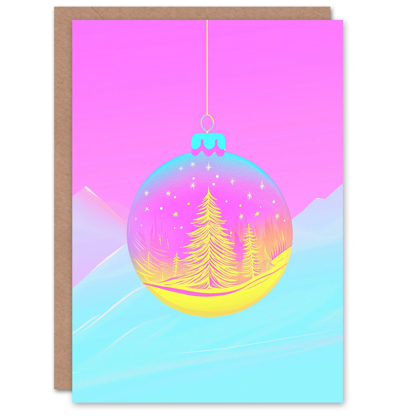 Single Bauble Vibrant Pink Yellow Forest Trees Christmas Card