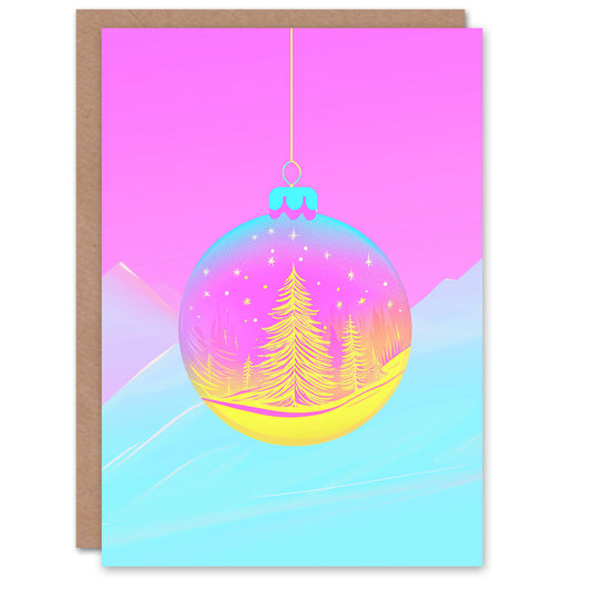 Single Bauble Vibrant Pink Yellow Forest Trees Christmas Card