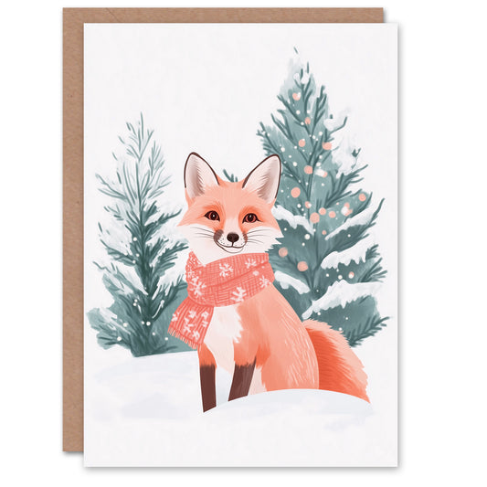 Cute Red Fox Scarf Winter Forest Snow Tree Christmas Card