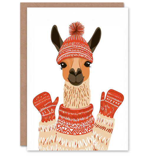 Happy Llama with Winter Hat Jumper and Gloves Christmas Card
