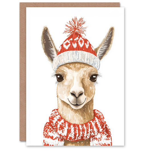 Cute Llama With Red Winter Hat Watercolour Christmas Card