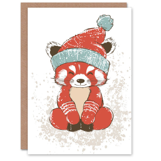 Cute Red Panda With Winter Hat Cartoon Christmas Card