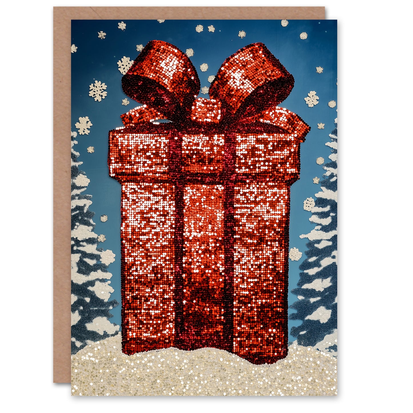 Sequin Wrapped Gift Present Winter Snowflakes Christmas Card