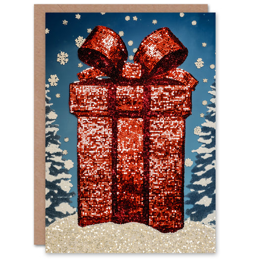 Sequin Wrapped Gift Present Winter Snowflakes Christmas Card