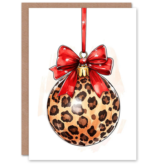 Single Leopard Print Bauble Bow Watercolour Christmas Card