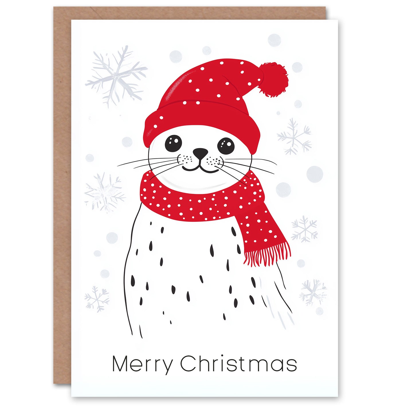 Cute Harp Seal Red Winter Hat Scarf Snowflakes Christmas Card