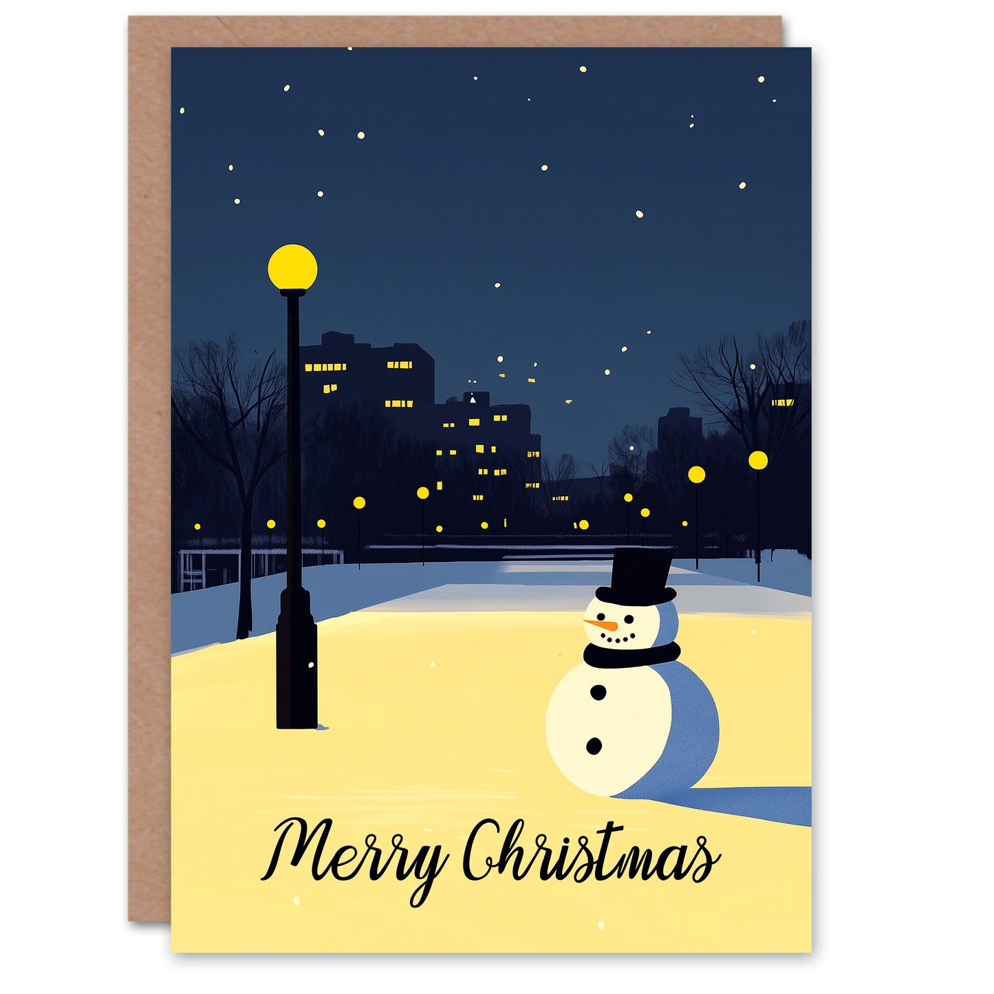 Snowman Under City Lamp Post Night Cityscape Christmas Card