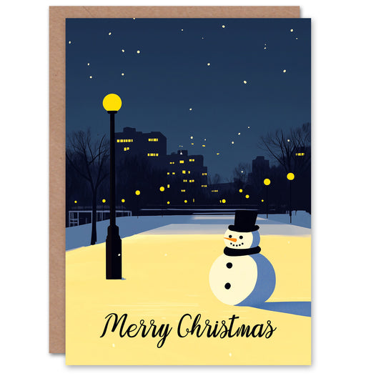 Snowman Under City Lamp Post Night Cityscape Christmas Card