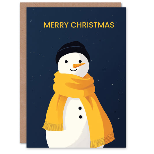 Happy Snowman With Yellow Winter Scarf And Hat Christmas Card