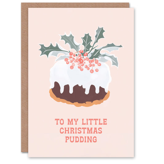 To My Little Pudding Pastel Pink Holly Cake Funny Christmas Card