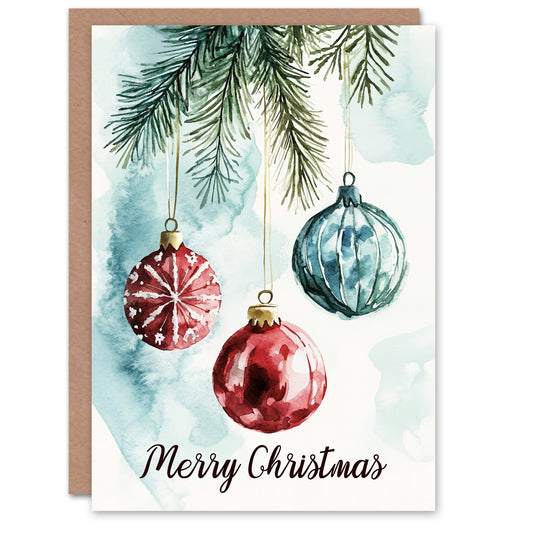 Bauble Ornaments Hanging From Tree Watercolour Christmas Card