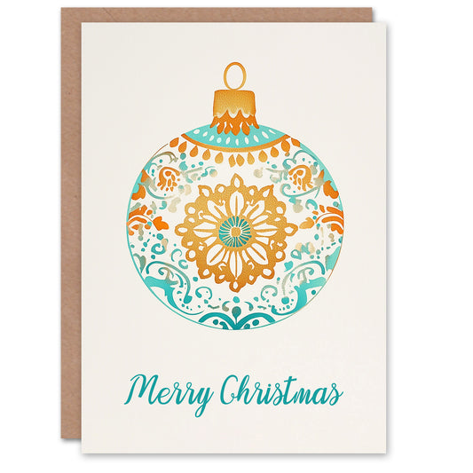 Bauble Ornament Gold Teal Orange Elegant Pattern Christmas Card