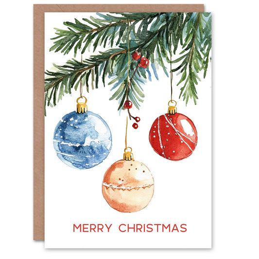 Three Baubles Hanging From Tree Watercolour Christmas Card