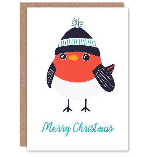 Cute Robin Bird With Winter Hat Bright Modern Christmas Card